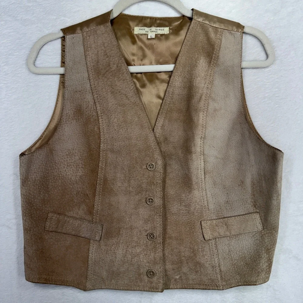 Vintage Boho Large Leather Vest Suede Front Satin Back Cinch Tan Camel Festival